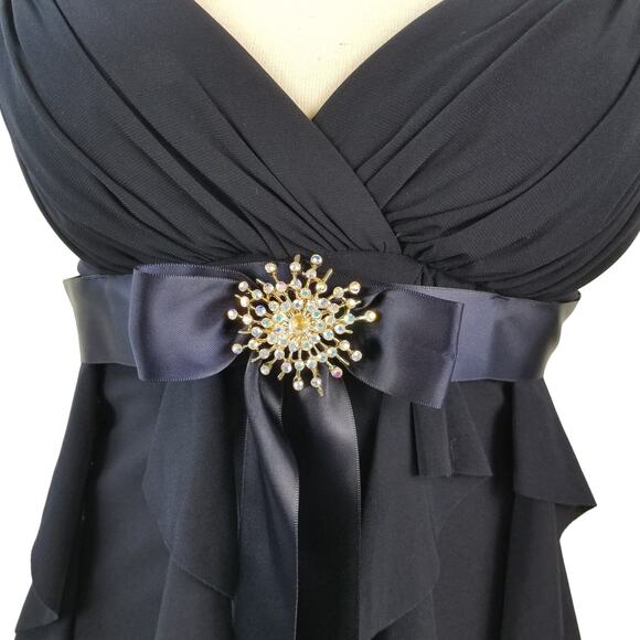 Dress Barn Dark Blue Tiered Ruffle Jeweled Brooch Waist Side Zip Dress Size 4 - Picture 3 of 4